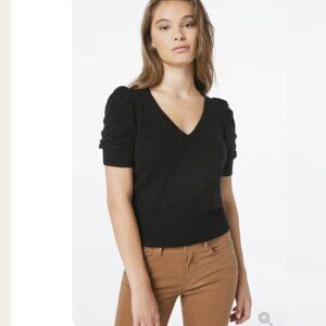 Frame Frankie Black Cashmere Sweater V Neck Short Cinched Puff Sleeve Sz M